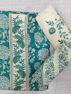 Premium Teal Blue Floral Printed Cotton 3 Piece Dress Material | Trends Designer Wear