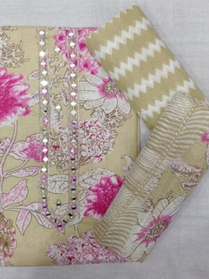 Premium Beige Floral Printed Cotton 3 Piece Dress Material featuring printed cotton top, matching zigzag bottom, and floral printed cotton dupatta.