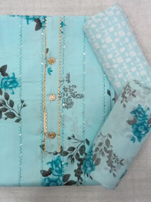 Premium Sky Blue Floral Printed Cotton 3 Piece Dress Material with matching printed cotton bottom and floral printed cotton dupatta for women.