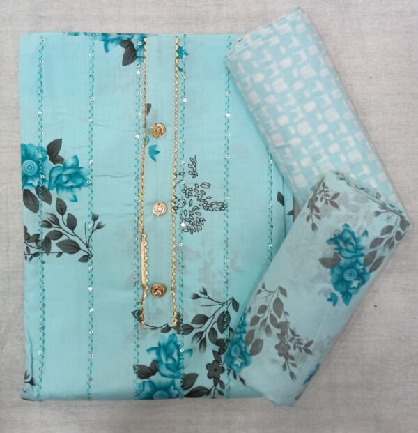 Premium Sky Blue Floral Printed Cotton 3 Piece Dress Material with matching printed cotton bottom and floral printed cotton dupatta for women.