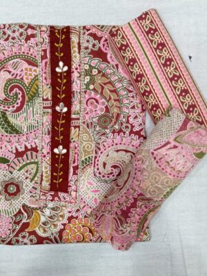 Premium Maroon Paisley Printed Cotton 3 Piece Dress Material with matching printed cotton bottom and designer cotton dupatta for women.