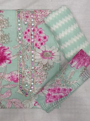 Premium Mint Green Floral Printed Cotton 3 Piece Dress Material with matching printed cotton bottom and floral printed cotton dupatta for women.