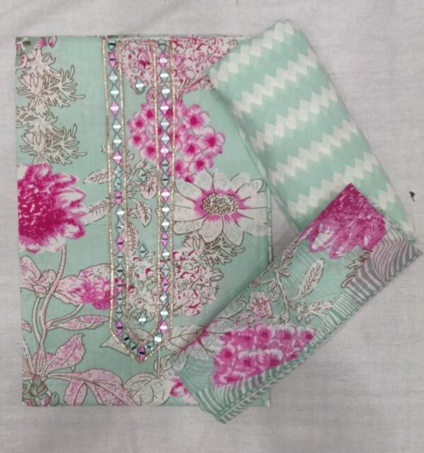 Premium Mint Green Floral Printed Cotton 3 Piece Dress Material with matching printed cotton bottom and floral printed cotton dupatta for women.