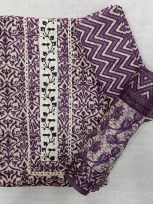 Premium Purple Printed Cotton 3 Piece Dress Material with matching printed cotton bottom and designer printed cotton dupatta for women