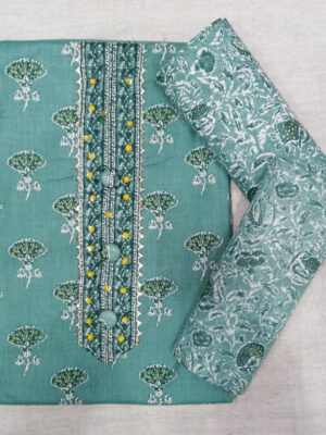 Premium Teal Green Printed Cotton 3 Piece Dress Material with matching printed cotton bottom and designer printed cotton dupatta for women.