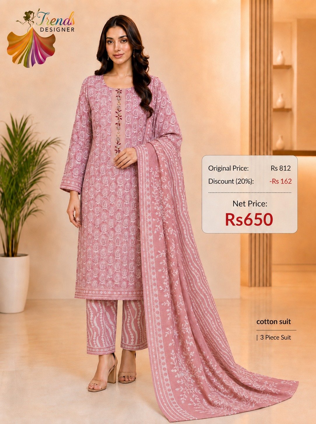Pink Cotton Printed 3 Piece Suit Set for Women | Premium Cotton Kurta, Pant & Dupatta | Trends Designer