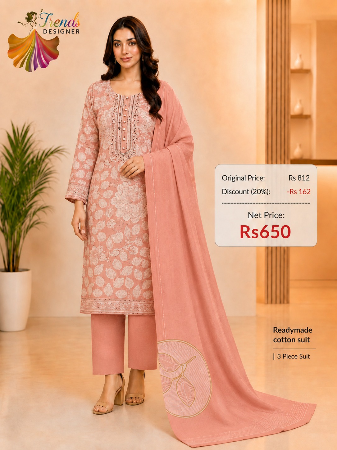 Peach Readymade Cotton 3 Piece Suit Set for Women | Printed Cotton Kurta, Pant & Dupatta | Trends Designer