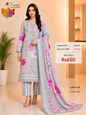 Grey Floral Printed Cotton 3 Piece Suit Set for Women Premium Cotton Dress Material Trends Designer