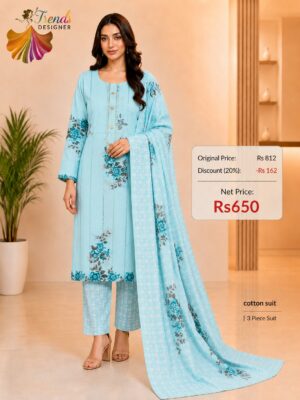 Premium Sky Blue Floral Printed Cotton Suit | 3 Piece Cotton Dress Material for Women | Trends Designer Wear