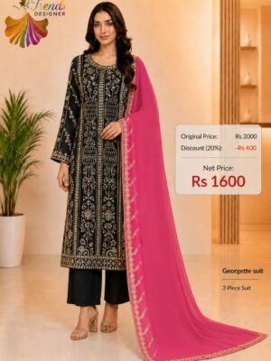 Black Georgette Embroidered 3 Piece Suit with Pink Dupatta | Designer Wedding Dress Material