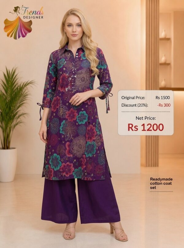 Purple Readymade Cotton Coat Set for Women with Floral Print and Palazzo | Trends Designer Wear