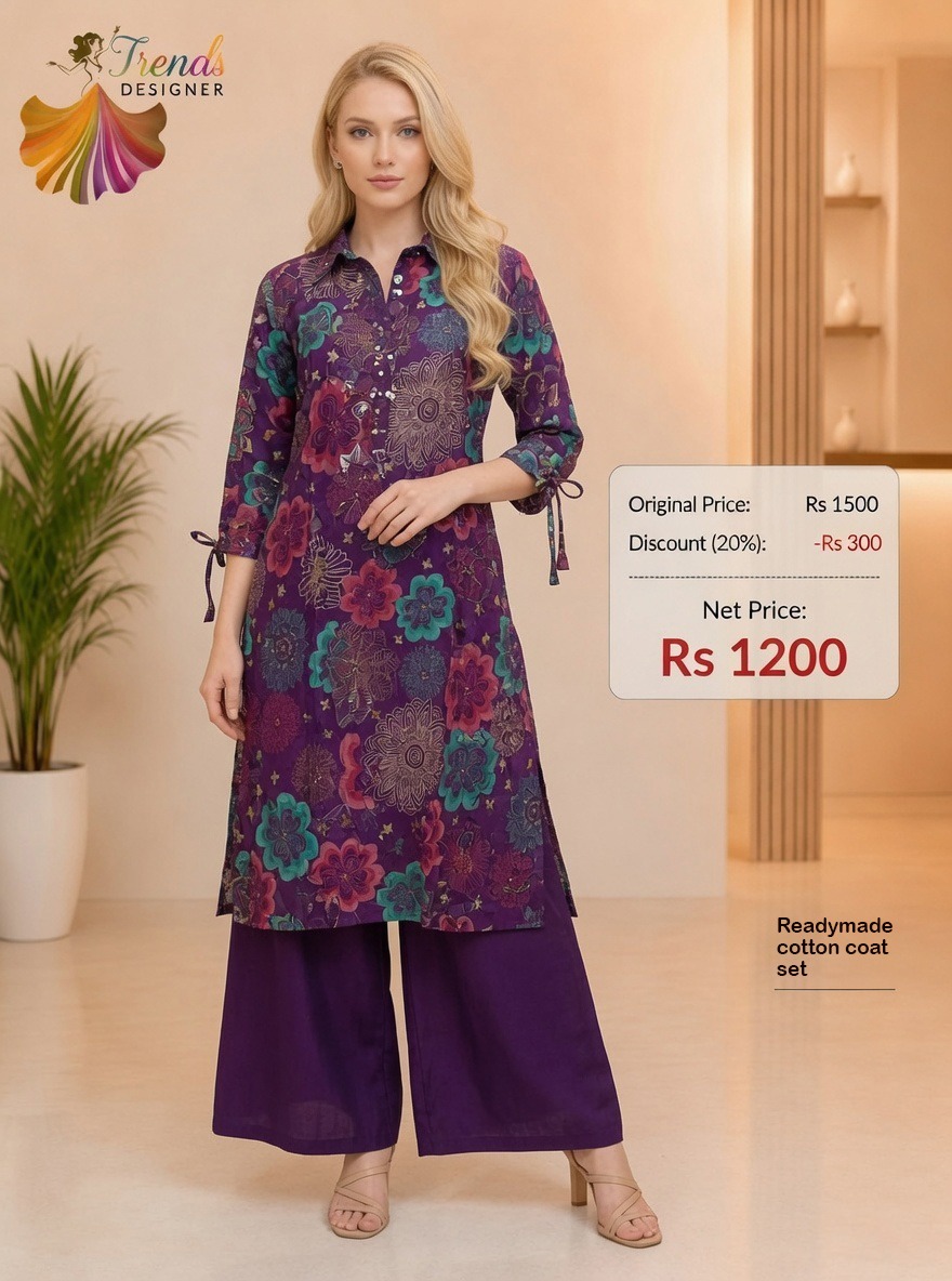 Readymade Cotton Coat Set for Women – Purple Floral Print | Trends Designer Wear