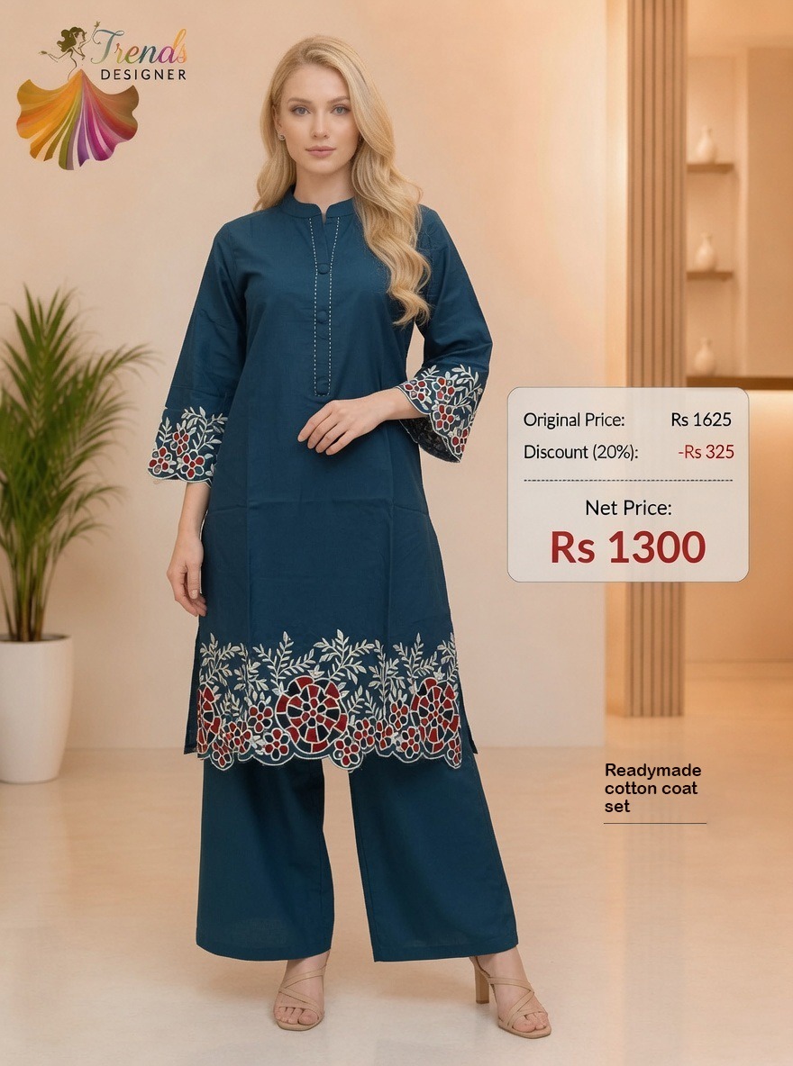 Readymade Cotton Coat Set for Women – Teal Blue Embroidered | Trends Designer Wear
