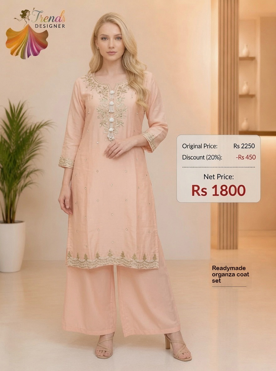 Readymade Organza Coat Set for Women – Peach Embroidered | Trends Designer Wear