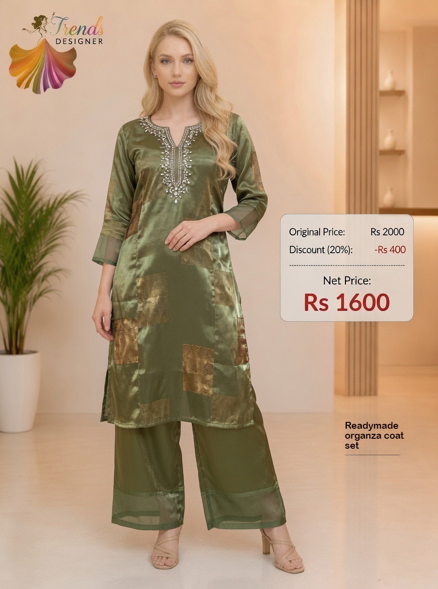 Readymade Organza Coat Set for Women – Olive Green | Designer Ethnic Wear