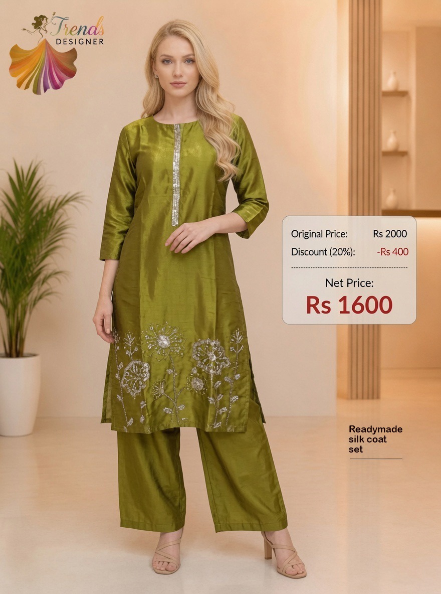 Readymade Silk Coat Set for Women – Olive Green Embroidered | Trends Designer Wear