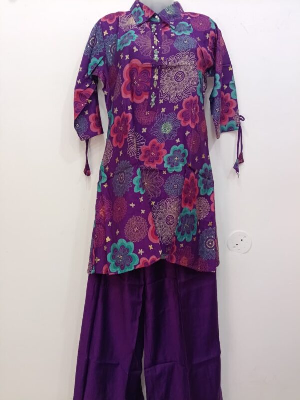 Purple Readymade Cotton Coat Set for Women with Floral Print and Palazzo | Trends Designer Wear