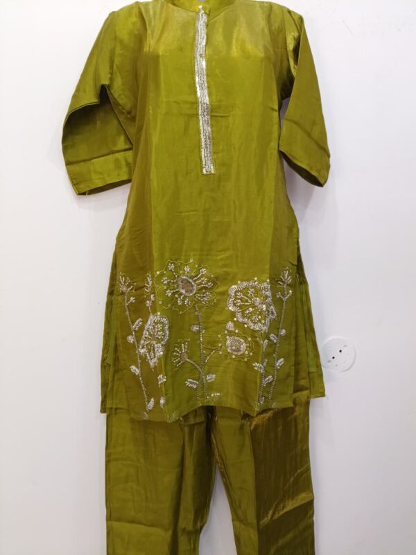 Olive Green Readymade Silk Coat Set for Women with Floral Embroidery and Silk Palazzo | Trends Designer Wear