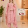 Premium peach pink readymade embroidered cotton suit with matching pants and embroidered dupatta for women.