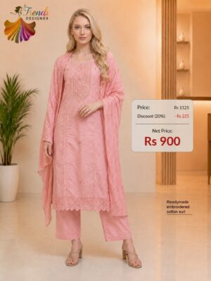 Premium Peach Pink Readymade Embroidered Cotton Suit Set with Dupatta for Women | New Arrivals