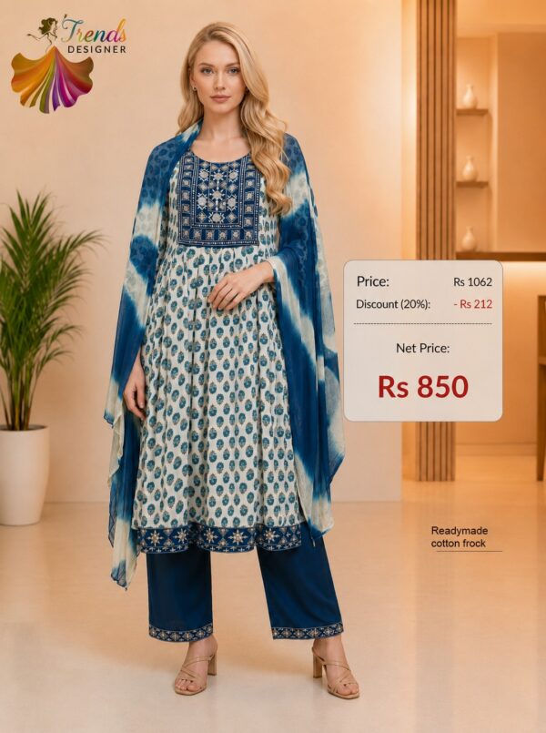 Blue and white readymade cotton frock suit with embroidered yoke, matching pants and printed dupatta for women.