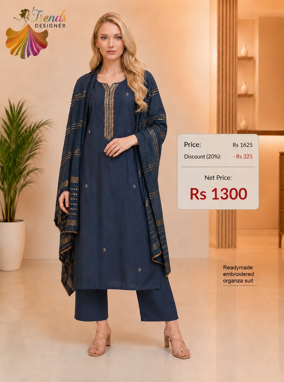 Premium Navy Blue Readymade Embroidered Organza Suit Set with Dupatta for Women | New Arrivals