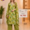 Green floral print readymade embroidered cotton suit set with striped pants and printed dupatta for women.