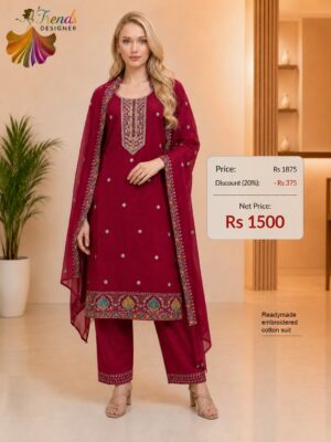Premium Maroon Readymade Embroidered Cotton Suit Set with Dupatta for Women | New Arrivals