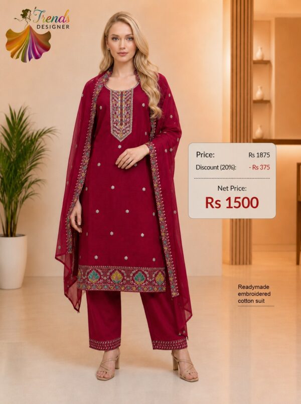 Premium maroon readymade embroidered cotton suit set with matching pants and embroidered dupatta for women by Trends Designer Wear.