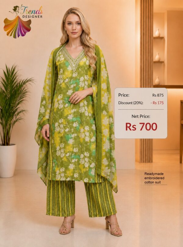 Green floral print readymade embroidered cotton suit set with striped pants and printed dupatta for women.