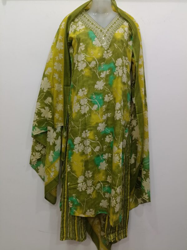 Green floral print readymade embroidered cotton suit set with striped pants and printed dupatta for women.