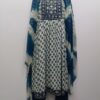 Blue and white readymade cotton frock suit with embroidered yoke, matching pants and printed dupatta for women.