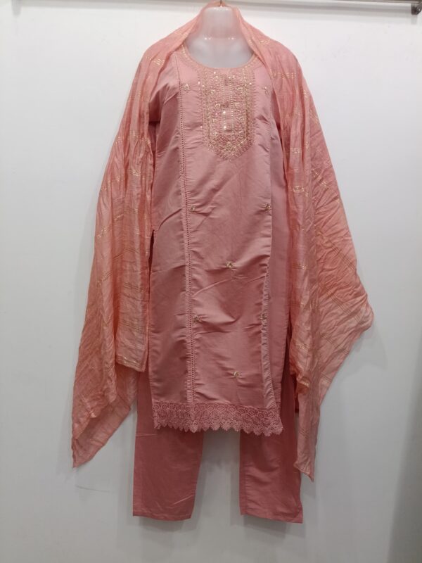 Premium peach pink readymade embroidered cotton suit with matching pants and embroidered dupatta for women.