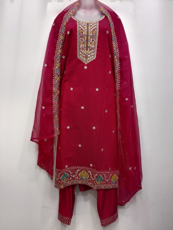 Premium maroon readymade embroidered cotton suit set with matching pants and embroidered dupatta for women by Trends Designer Wear.
