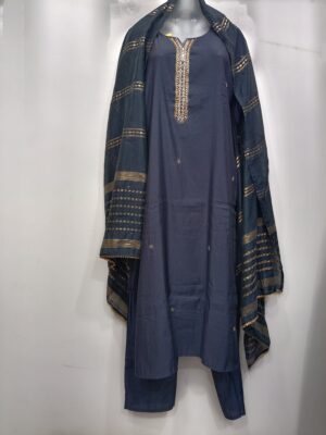 Premium navy blue readymade embroidered organza suit set with matching pants and designer organza dupatta for women.