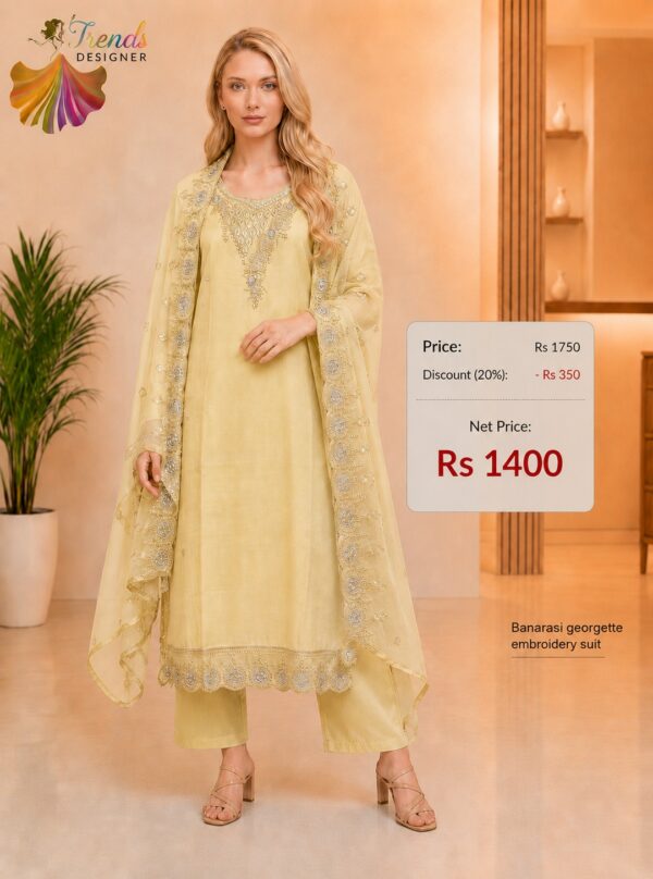 Pastel Yellow Banarasi Georgette Embroidery Readymade Suit for Women by Trends Designer Wear