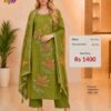 Olive Green Premium Embroidery Cotton Readymade Suit with Floral Embroidery and Matching Dupatta for Women