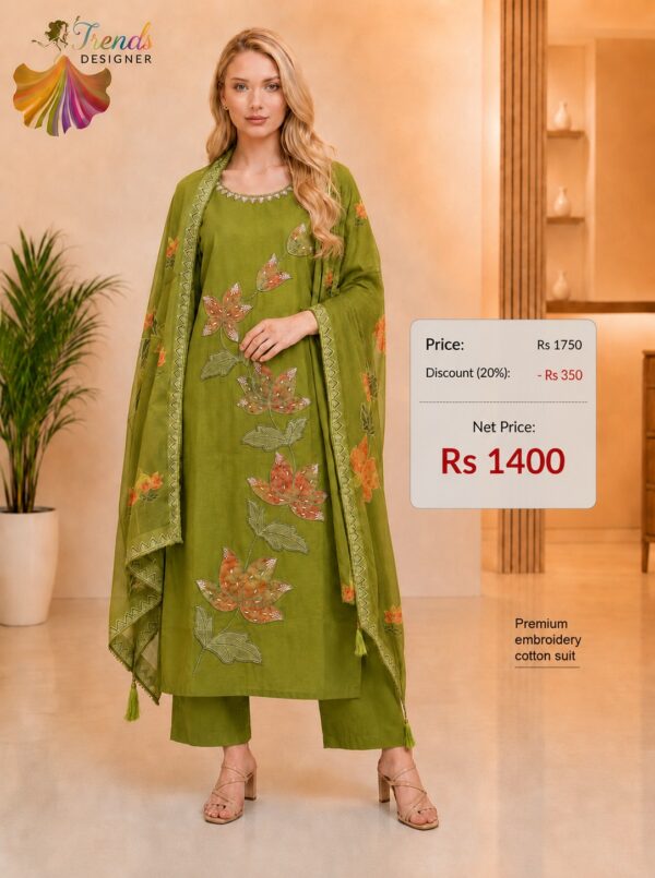Olive Green Premium Embroidery Cotton Readymade Suit with Floral Embroidery and Matching Dupatta for Women