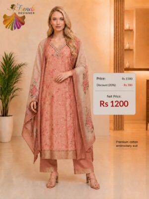 Peach Pink Premium Cotton Embroidered Floral Readymade Suit Set with Dupatta for Women