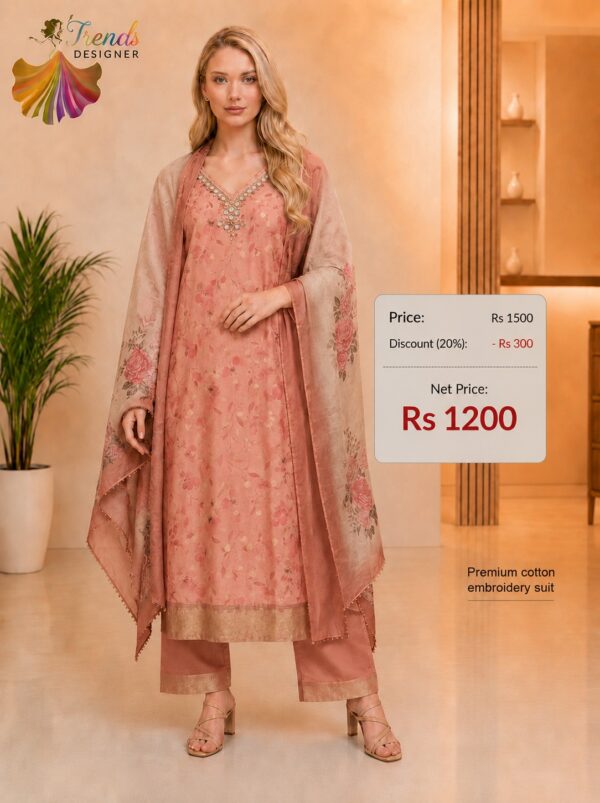 Premium cotton embroidery readymade suit with floral print and matching dupatta for women
