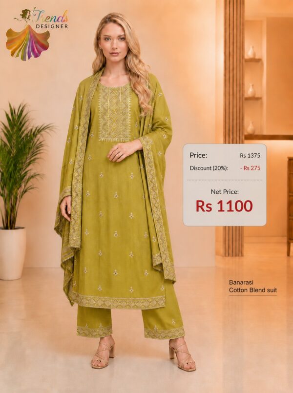 Olive Green Banarasi Cotton Blend Readymade Suit with Matching Dupatta for Women by Trends Designer Wear