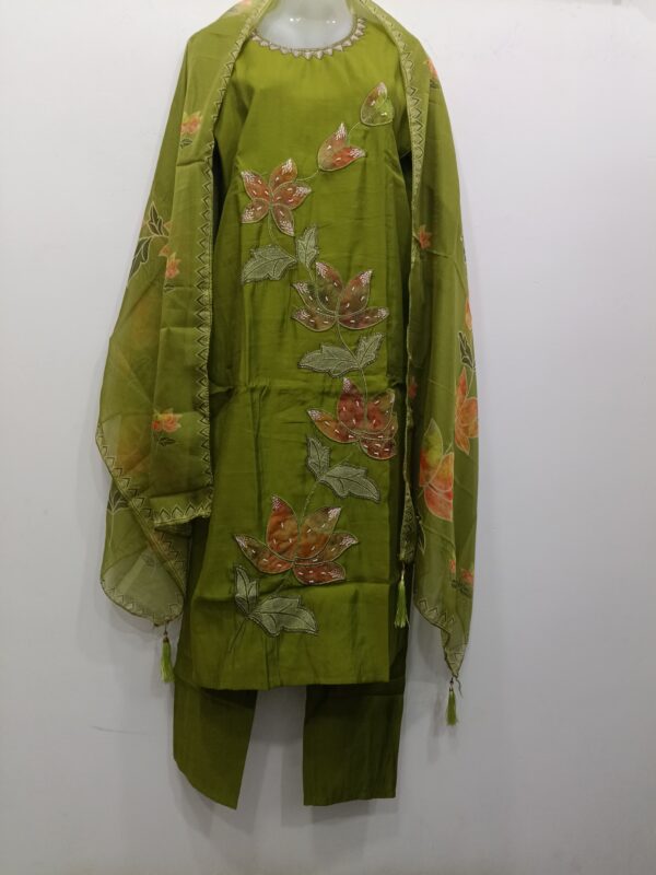 Olive Green Premium Embroidery Cotton Readymade Suit with Floral Embroidery and Matching Dupatta for Women