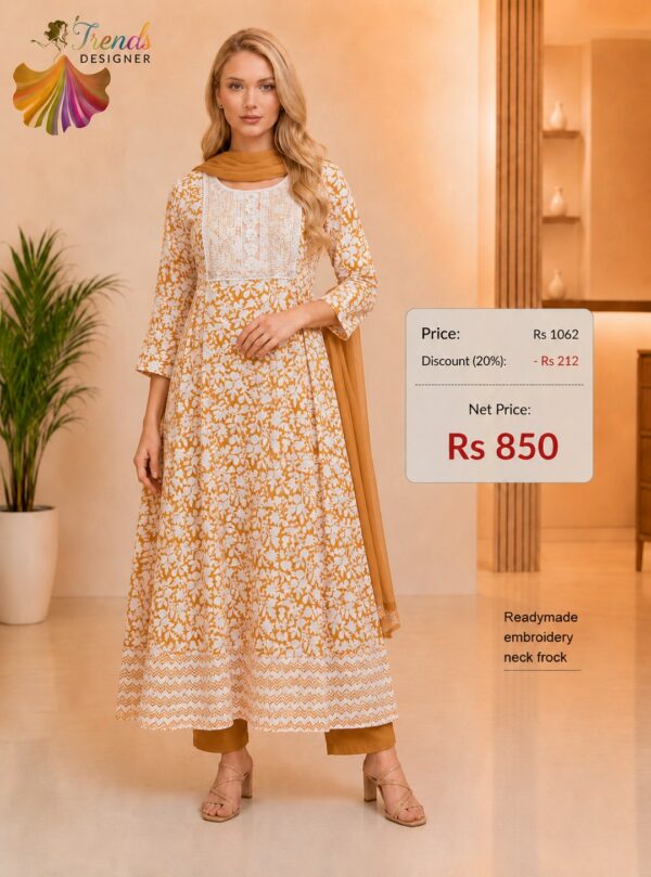 Mustard Floral Printed Embroidered Neck Readymade Frock Style Suit Set with Pant and Dupatta for Women