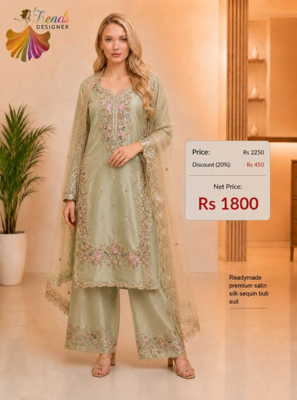 Premium Sage Green Satin Silk Sequin Buti Embroidered Readymade Suit Set with Palazzo and Net Dupatta for Women