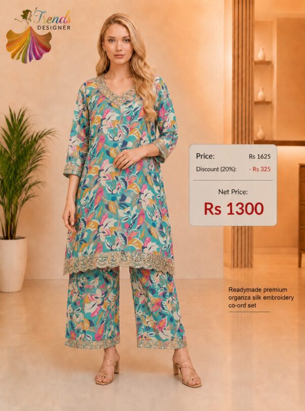 Premium Organza Silk Embroidered Floral Print Readymade Co-Ord Set for Women