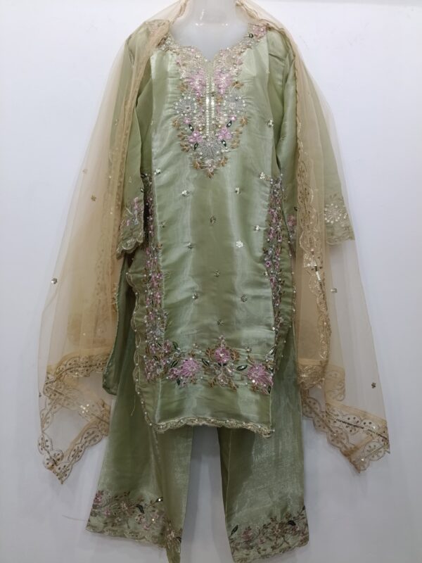 Premium Sage Green Satin Silk Sequin Buti Embroidered Readymade Suit Set with Palazzo and Net Dupatta for Women