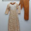 Mustard Floral Printed Embroidered Neck Readymade Frock Style Suit Set with Pant and Dupatta for Women
