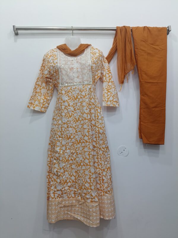 Mustard Floral Printed Embroidered Neck Readymade Frock Style Suit Set with Pant and Dupatta for Women