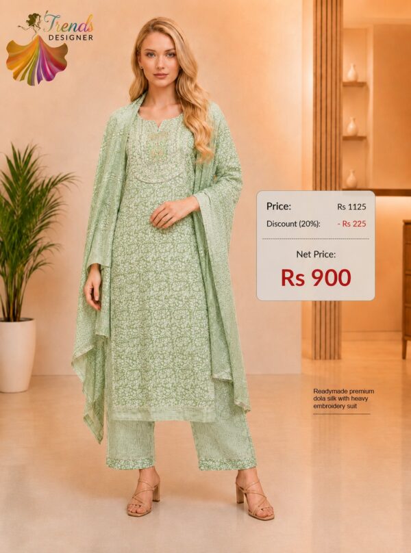 Premium Mint Green Dola Silk Heavy Embroidered Readymade Suit Set with Kurta Pant and Dupatta for Women