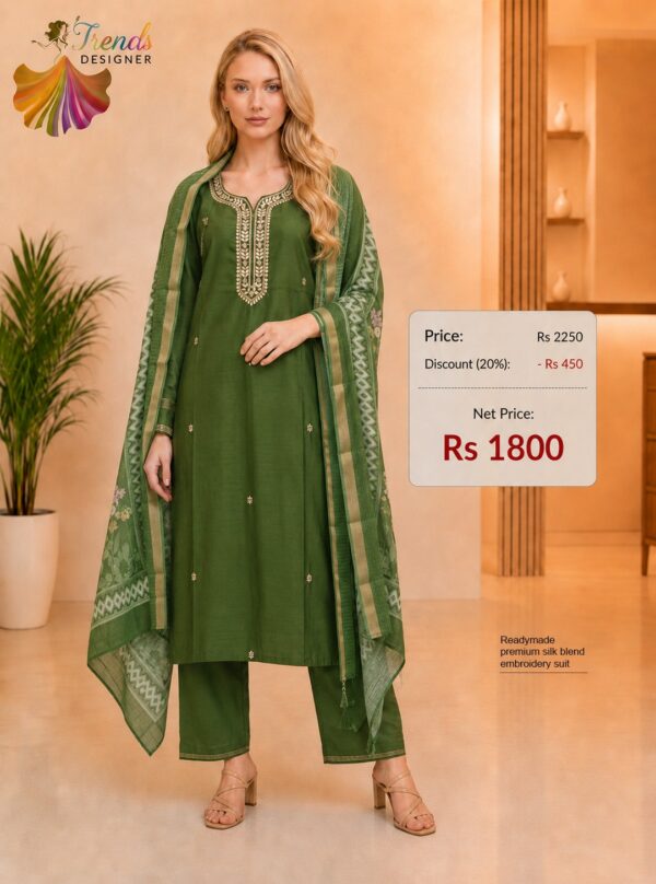 Premium Olive Green Silk Blend Embroidered Readymade Suit Set with Kurta Pant and Dupatta for Women
